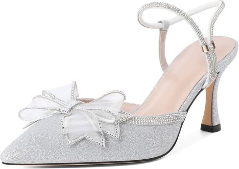 Eldof Women's Heels with Bow Sparkly Rhinestone Closed Pointed Toe Ankle Strap Stiletto Heel Pumps 3 Inches in Kuwait