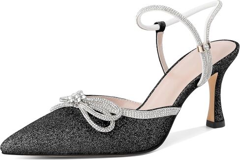 Eldof Women's Heels with Bow Sparkly Rhinestone Closed Pointed Toe Ankle Strap Stiletto Heel Pumps 3 Inches in Kuwait