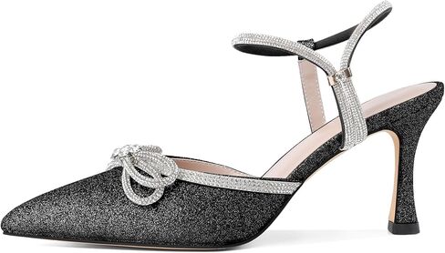 Eldof Women's Heels with Bow Sparkly Rhinestone Closed Pointed Toe Ankle Strap Stiletto Heel Pumps 3 Inches in Kuwait