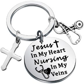 Nurse RN Keychain Funny Nurses Day Gift Jesus in My Heart Nursing in My Veins Stethoscopes Christian Nurse Keychain