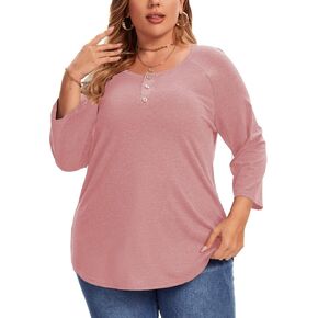Plus Size Summer Tops for Women 3/4 Sleeve V Neck Blouses Button Down Blouse