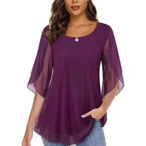 بلوزات Miusey النسائية مكشكشة 3/4 كم شبكية، قمصان فضفاضة مع مرونة in Kuwait