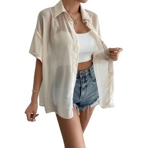 SweatyRocks Women's Collared Half Sleeve Button Down Shirt Casual Sheer Blouse Top