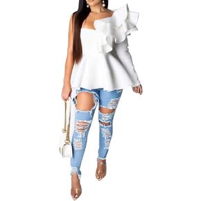VERWIN Asymmetric Falbala Plain Mid-Length Long Sleeve Women's Blouse Backless Top Shirt