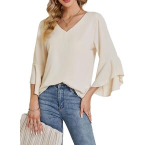 LYANER Women's Casual V Neck Ruffle Bell Half Sleeve Blouse Shirt Tunic Top