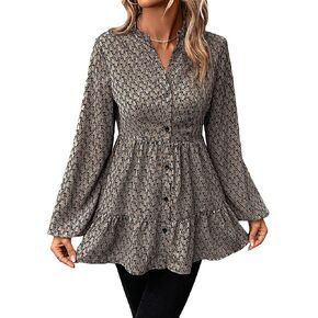 Floerns Women's Allover Print Button Front Lantern Long Sleeve Ruffle Hem Shirt