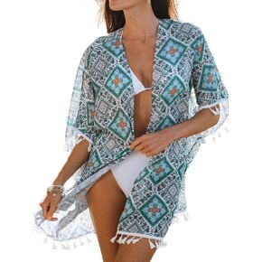 CUPSHE Women's Paisley Print Tassel 3/4 Dolman Sleeve Cover-Up Open Front Mini Dress in Saudi Arabia