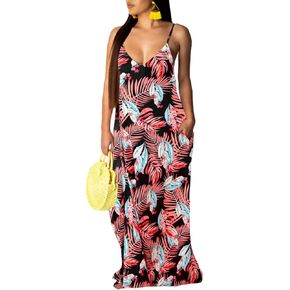 Women's Casual Floral Bohemain Maxi Dresses Plus Size Sleeveless Loose Beach Summer Sundress with Pockets