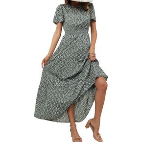 Hount Women's Dress 2023 Summer Casual Floral Print Smocked High Waist Maxi Dress Boho Beach Flowy Long Dress in Kuwait