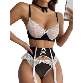 FUVYKOL Women's Lingerie 3 Piece Floral Embroidered Lingerie Garter for Women Bra and Panty Set