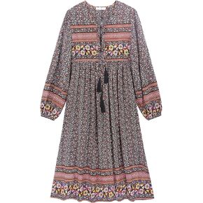 R.Vivimos Women's Long Sleeves Floral Print Retro V Neck Tassel Casual Bohemian Midi Dresses