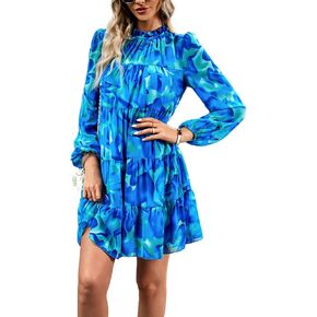 LYANER Women's 2023 Fall Dress Mock Neck Pleated Long Sleeve Floral Print Tiere Ruffle Babydoll Mini Short Dresses