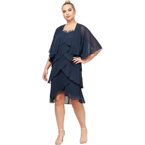 S.L. Fashions Women's Plus Size Chiffon Tier Jacket Dress with Beaded Neckline