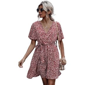 Floerns Women's Summer Polka Dots V Neck Ruffle Cap Sleeve A Line Mini Dress