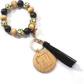 Lantintop Wood Beaded Bracelet Keychain Wristlet Key Ring Bangle with Leather Tassel for Women Mother Gift