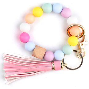 Zxglxinyao Beaded Key Ring Bracelet, Silicone Bracelet, Silicone Key Ring Bracelets for Women, Cute Beaded Keychain Wristlet Keychain with Pink Tassel for Car Key Ring Bangle Chain