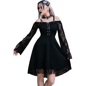 Suillty Vintage Gothic Lace Patchwork Women Flare Sleeve Spaghetti Strap A-Line Dress Punk Goth Dresses