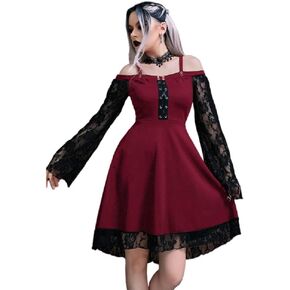 Suillty Vintage Gothic Lace Patchwork Women Flare Sleeve Spaghetti Strap A-Line Dress Punk Goth Dresses