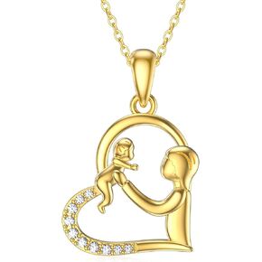 Solid 14K Gold Grandma Nana Necklace Real Gold Grandma and Child Pendant Necklace for Women Love Heart Fine Jewelry Mother's Day Necklace Birthday Anniversary from Daughter, Son, to Mother, Grandma