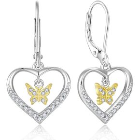 Oskani 925 Strlings Silver Birthstone Butterfly Heart Dangle Drop Earrings for Women, 5A Cubic Zircon Leverback Earrings Jewelry Anniversary Birthday Gifts for Her