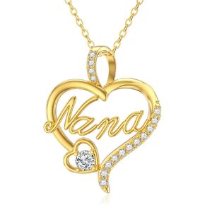 Solid 14K Gold Grandma Nana Necklace Real Gold Grandma and Child Pendant Necklace for Women Love Heart Fine Jewelry Mother's Day Necklace Birthday Anniversary from Daughter, Son, to Mother, Grandma