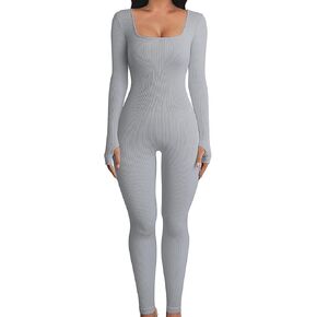 Women Yoga Workout Seamless Jumpsuits Workout Ribbed One Piece Long Sleeve Sport Womens Jumpsuit