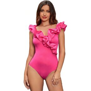 بدلة نسائية WDIRARA ذات حواف مكشكشة ملفوفة بدون أكمام للتحكم في البطن قطعة واحدة in Kuwait