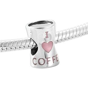 I Love Coffee Bead Charm 925 Sterling Silver Heart Cup Charm Bead fit DIY Bracelets