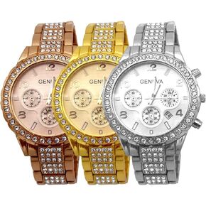 3 Pack Unisex Luxury Pave Floating Crystal Diamonds Digital Calendar Quartz Watch Rose Gold Silver Wrist Watches with Stainless Steel Link Bracelet