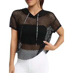 Verdusa Women's Sheer Fishnet Hoodie Short Sleeve Hooded Crop Tops Sweatshirts