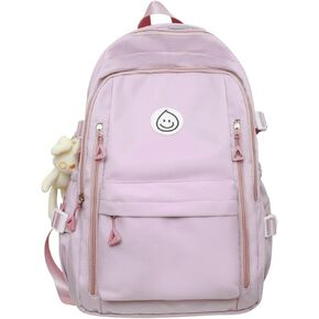Preppy Backpack Smiling Face with Bunny Plush Cute Aesthetic Backpack Preppy Stuff Kawaii Accessories Korean College Style (White,One Size)
