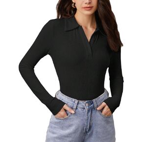 Floerns Women's Solid Long Sleeve Lapel Collar Button Front Rib Knit Tee Shirt