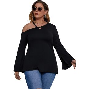 SOLY HUX Women's Plus Size Cold Shoulder Split Long Sleeve Tee Asymmetrical T Shirts Tops