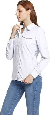 قمصان CQR للسيدات بعامل حماية من الأشعة فوق البنفسجية 50+ بأكمام طويلة للمشي لمسافات طويلة، قمصان سريعة الجفاف للحماية من الأشعة فوق البنفسجية/الشمس في الهواء الطلق بأزرار سفلية in Kuwait