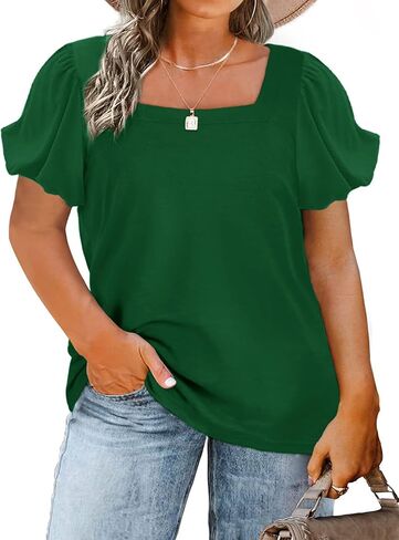 HDLTE المرأة ساحة الرقبة نفخة الأكمام بلايز حجم كبير بلايز الصيف عادية فضفاضة تناسب تي شيرت XL-4XL in Kuwait