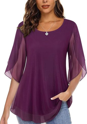 بلوزات Miusey النسائية مكشكشة 3/4 كم شبكية، قمصان فضفاضة مع مرونة in Kuwait