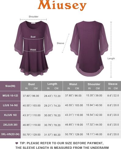 بلوزات Miusey النسائية مكشكشة 3/4 كم شبكية، قمصان فضفاضة مع مرونة in Kuwait