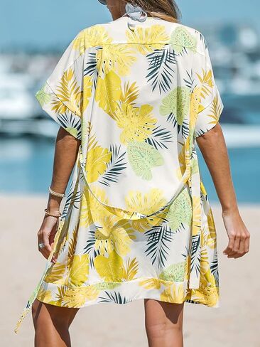 CUPSHE Women Tropical Leaf Print Belted Cover-Up Kimono Short Sleeves Cover Up Summer in Saudi Arabia