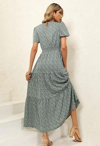 فستان نسائي من Hunt موضة صيف 2023 فستان طويل غير رسمي مطبوع عليه زهور بخصر عالٍ فستان طويل بوهو للشاطئ in Kuwait