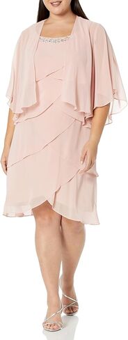 S.L. Fashions Women's Plus Size Chiffon Tier Jacket Dress with Beaded Neckline in Kuwait