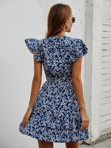 فستان Floerns نسائي صيفي منقط برقبة على شكل حرف V وأكمام قصيرة على شكل حرف A in Kuwait