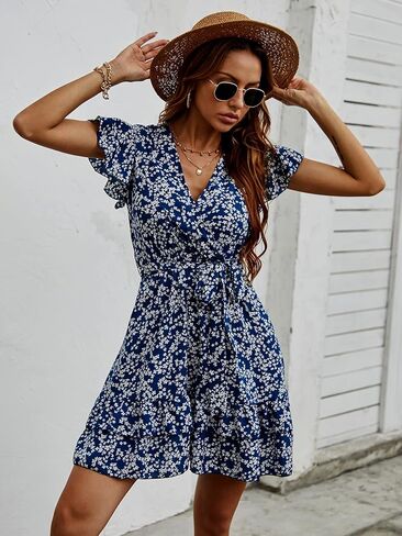 فستان Floerns نسائي صيفي منقط برقبة على شكل حرف V وأكمام قصيرة على شكل حرف A in Kuwait