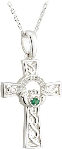 Biddy Murphy Celtic Cross Necklace Sterling Silver and Green Crystal Made in Ireland in Saudi Arabia