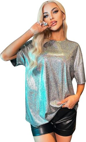 SweatyRocks Women's Casual Half Sleeve Crewneck Tee Metallic Drop Shoulder Oversized T Shirt in Saudi Arabia