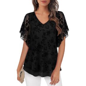 Furnex Blouses for Women Dressy Casual,Double Layers Mesh Elegant Summer Blouses,Short Sleeve V Neck Women's Tunic Tops