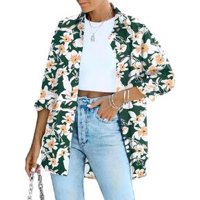 HOTOUCH Floral Tropical Print Shirt for Women Oversize Hawaii Blouses Soft Button Up Long Sleeve Top with Pocket S-XXL