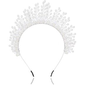 Formery Pearls Halo Crown Headpiece Silver Crystal Goddess Costume Tiara Headband Wedding Festival Photo-shoot Handmade Pearl Bridal Hair Accessories for Women and Girls