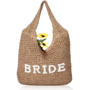 Locmeo Bride Boho Straw Handwoven Bag Rhinestone Letter Patches Tote Bag Beach Shoulder Bag Bridal Shower Gift for Wedding Honeymoon Engagement Bachelorette Party in Kuwait