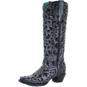 CORRAL Women's A3589 15" Tall Snip Toe Wedding Embroidered Glitter Inlay and Studs Handmade Pull-On Leather Western Cowboy/Cowgirl Boots