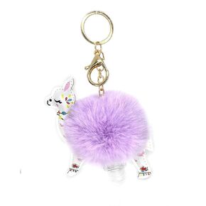 Fluffy Animal Pompom Kids Hand Sanitizer Travel Size Holder Keychain Carrier, 1 fl Oz. Flip Cap (Purple Llama)